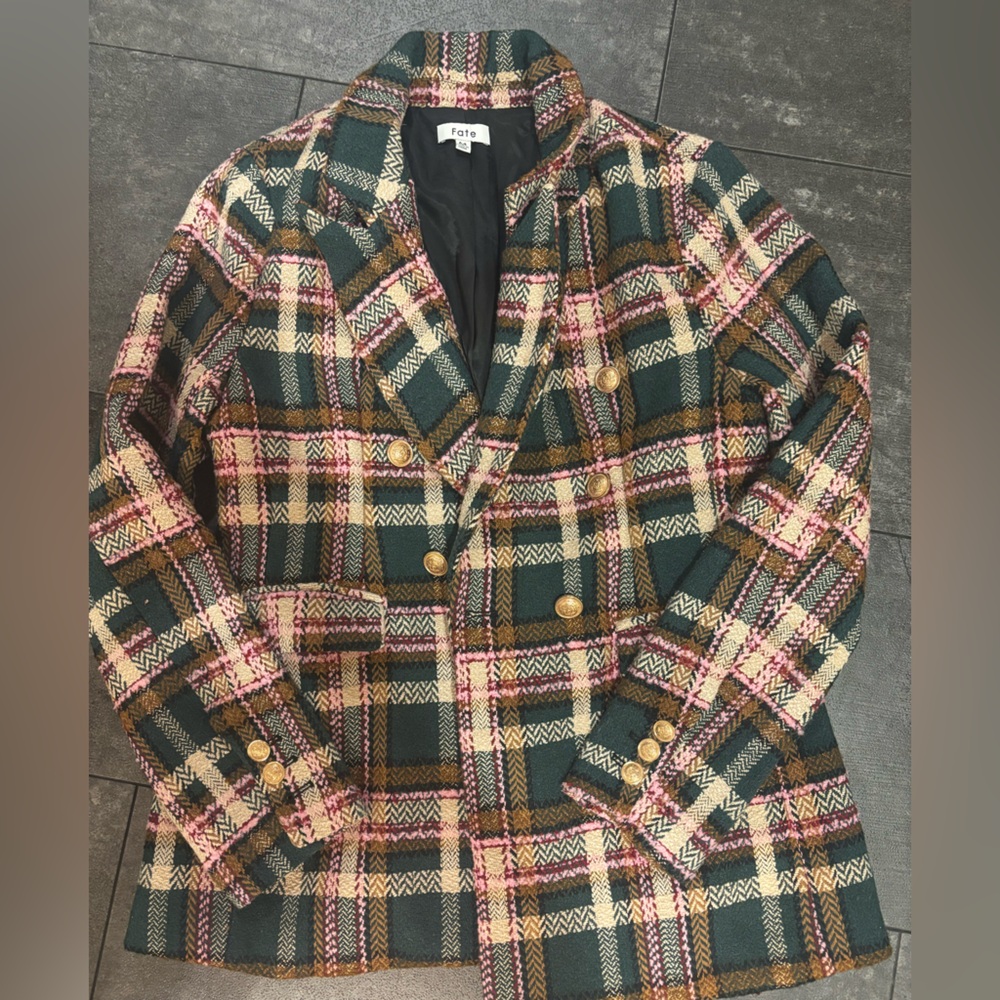 Multicolor Plaid Blazer with Gold Buttons